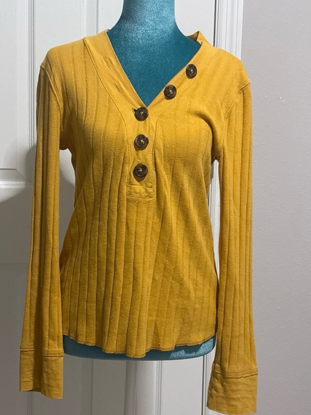 Forever 21 Mustard Ribbed Long-Sleeve Henley Top with Button Detail